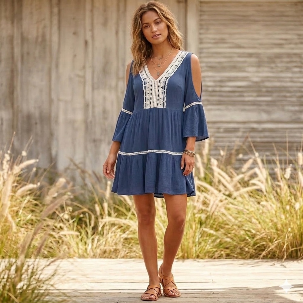 Entro Boho Navy Cold-Shoulder Tiered Tunic Dress with Ivory Trim Size L